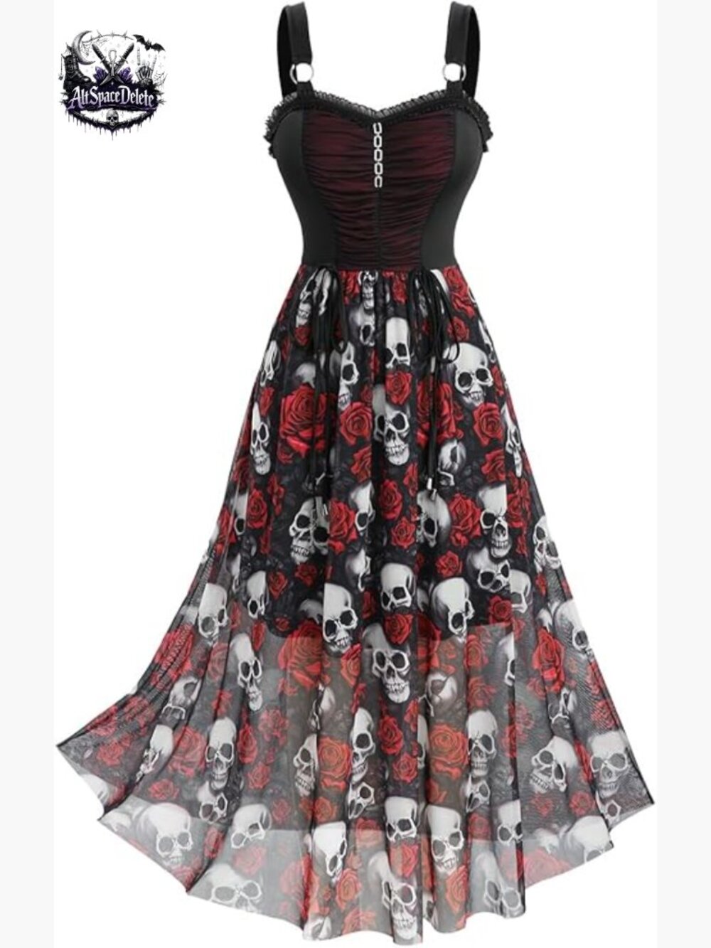 Plus Size Gothic Maxi Dress Skull Print Swing Style Mesh Costume